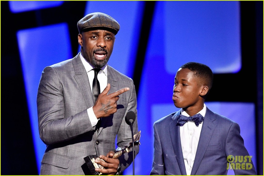 Abraham Attah and Idris Elba, the two main characters in the Beasts of No Nation movie, at an awards ceremony